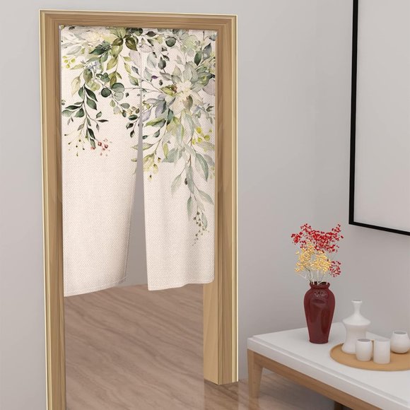 Botanical Green Leaves Flower Vines Floral Japanese Noren Curtains Asian Art New - Picture 4 of 10